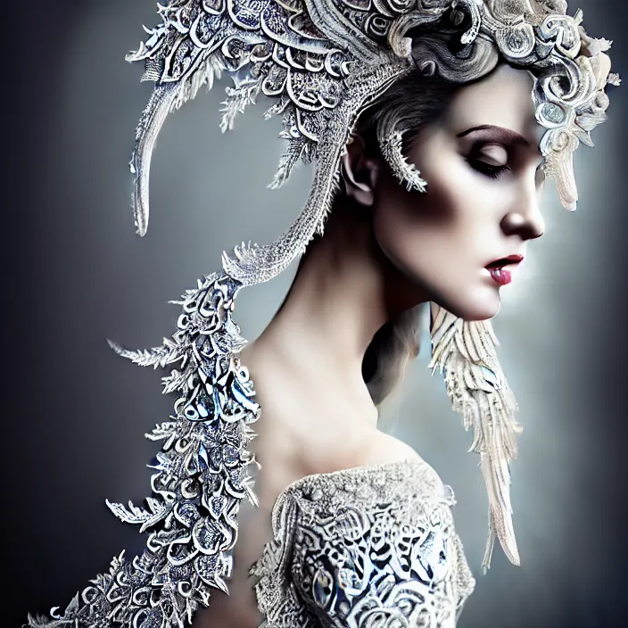 Image similar to photo portrait of a beautiful woman like a dark fallen angel, dressed in long elegant intricate ornamental white dress,intricate fractal ornament in the bust with a very long neck , , elegant, highly detailed intricate baroque ornament in her blond long hair, Realistic, Refined, Highly Detailed, Cinematic Lighting,, photo-realistic, 8K , fine art photography by Flora Borsi, volumetric lighting, pastel colors scheme , hyper realistic photography in style of Vogue Fashion magazine