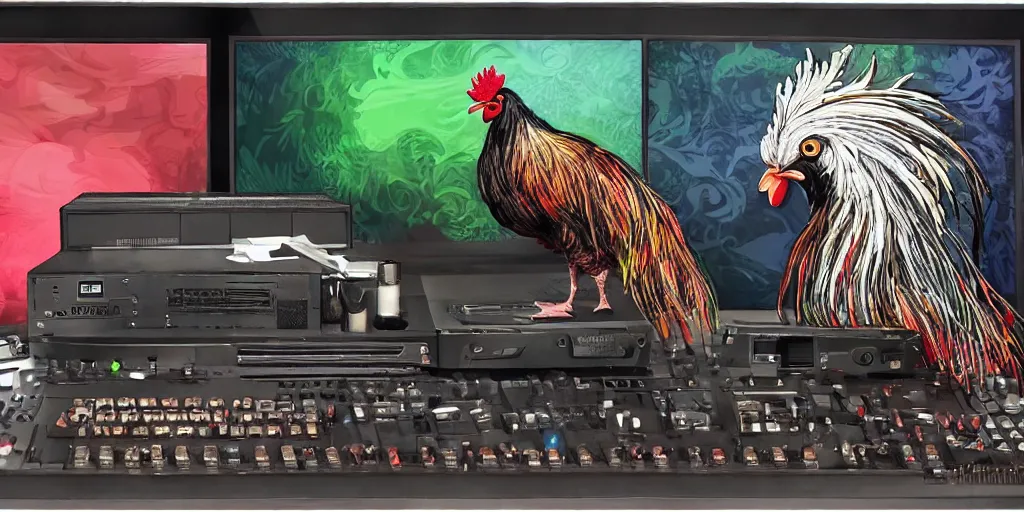 Image similar to 'black rooster'!!! smoking 'cannabis'!!!!!! in front of 'audio console'!!!! and 'pc masterrace RGB custom build'!!!!! 'multi monitors and projectors'!!!! 'in a hi-tech tv broadcasting studio with red camera rig'!!!!, artwork by James Gilleard