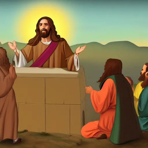 Prompt: Jesus giving the Sermon on the Mount, animation, detailed.