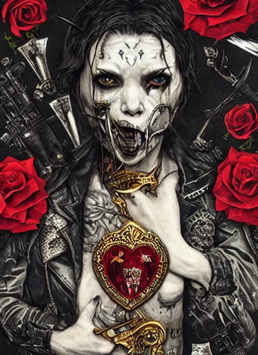 Image similar to tarot card :: horror :: vampires and draculas :: cult and clan :: hearts and roses :: gold and silver :: guns and swords :: highly details :: intricate details :: Sandra Chevrier and bastien lecouffe deharme