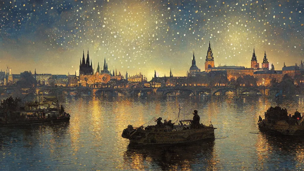 Image similar to a beautiful painting of the view from the river of london or prague during a fireworks festival, at night with a sky full of stars and fireworks, intricate, elegant, highly detailed, digital painting, artstation, concept art, by krenz cushart and artem demura and alphonse mucha