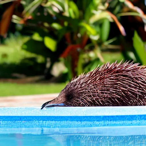 Prompt: an echidna sunbathing by the pool