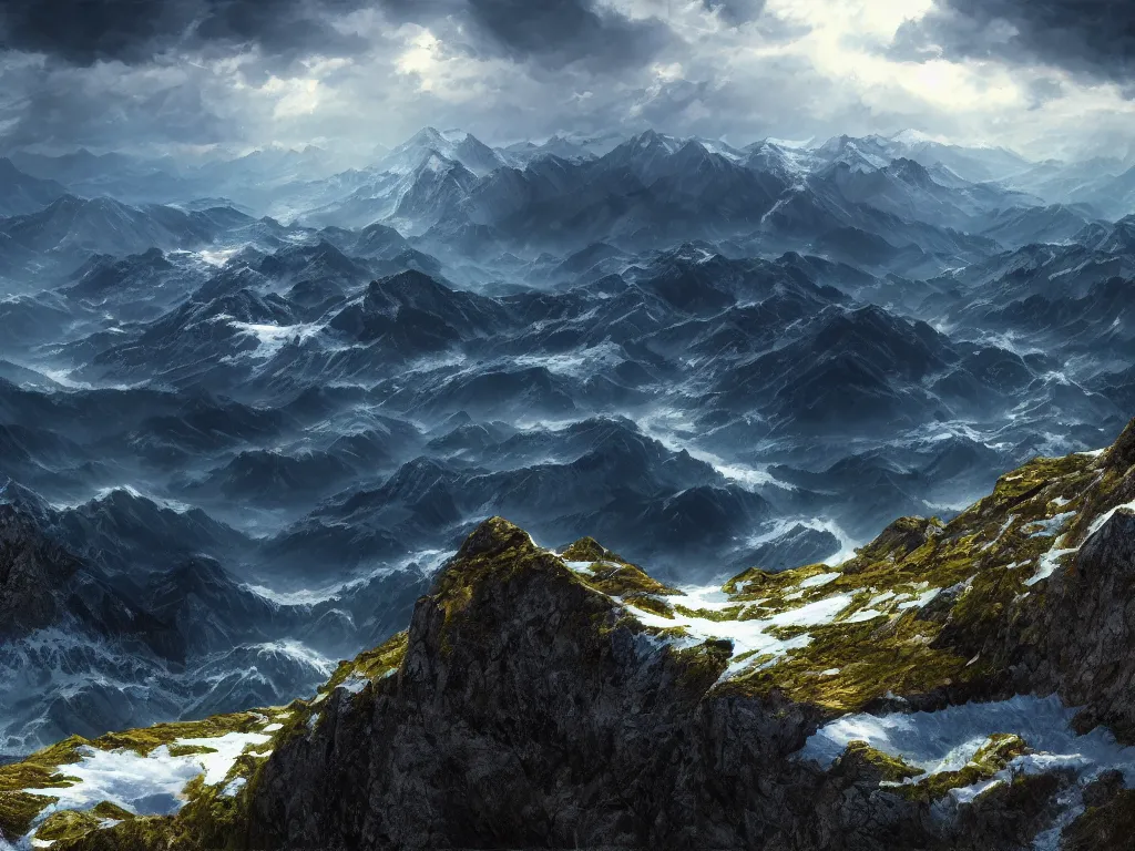 Image similar to realistic view from a mountaintop, high mountains, alps, pyranees, digital painting, 4 k, wallpaper, realistic lightning