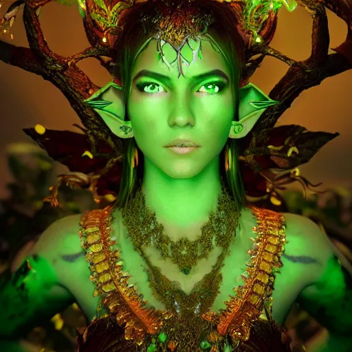 Image similar to portrait elf of the forest, glowing, ornate and intricate green jewelry, jaw dropping beauty, glowing background lighting, green accent lighting, hyper detailed, fairy tale, 4 k octane render