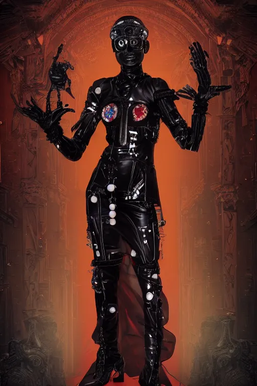 Image similar to full-body cyberpunk style sculpture of a young beautiful dark priestess, half android with a head opening exposing circuitry, glowing red eyes, black roses, flowing blood-red colored silk, fabric, candles. baroque elements, human skulls. full-length view. baroque element. intricate artwork by Caravaggio. crows flying in background. Trending on artstation, octane render, cinematic lighting from the right, hyper realism, octane render, 8k, depth of field, 3D