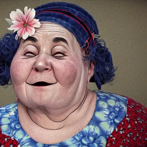 Image similar to of a very funny 3 d cinematic scene. a sweet fat old woman is in love with her self. flowery dress. symmetrical face, red mouth, blue eyes. a flowery dress. deep focus, lovely scene. ambient occlusion render. unreal engine. pencil and ink. goya painting style.