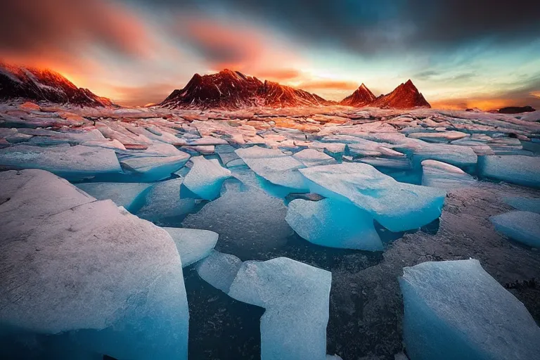 Image similar to moody landscape photography by marc adamus, greenland, sunset, ice