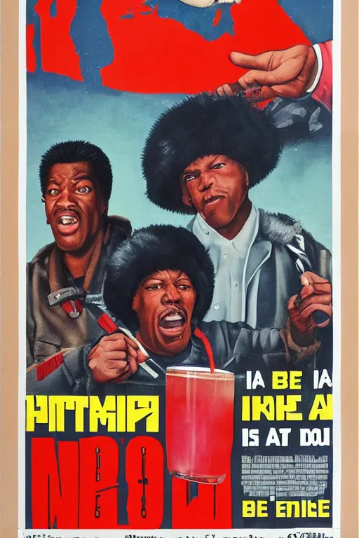 Image similar to poster the movie 1 9 8 8 ussr don't be a menace to south central while drinking your juice in the hood, perfect symmetrical eye, soviet russian winter fur hat with earflaps ushankas vodkra kremlin