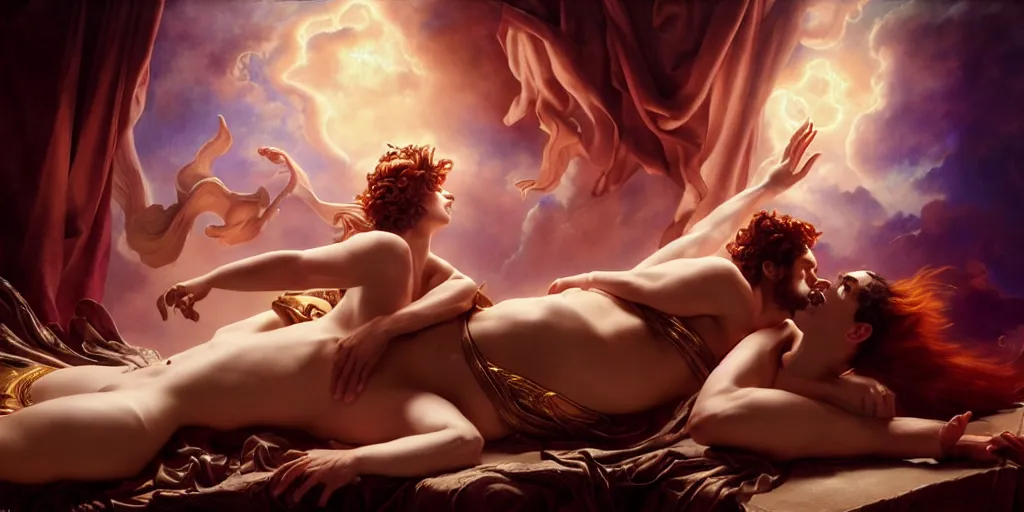 Image similar to Adonis playing the kithara for Aphrodite, by Rolf Armstrong and Evelyn De Morgan and Bastien Lecouffe-Deharme, dramatic lighting, high contrast colors, baroque, empyrean, panoramic view, as trending on Artstation, highly detailed, doom engine,