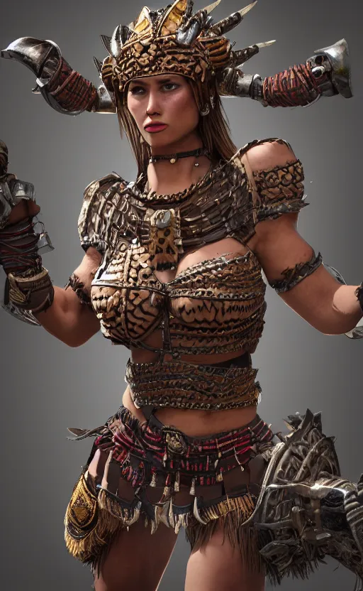 Prompt: action sceme, tribeswoman fights barbarians,rich Aztec jaguar armor,vertical composition, inspired by monster hunter and westerns, muscular body, clean beautiful symmetrical face, subtle make up, epic,dramatic lighting, cinematic, establishing shot, extremely high detail, photorealistic, provocative , cinematic lighting, artstation, octane render, western,old photo, vintage