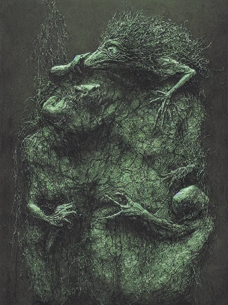 Prompt: bloody Kermit the frog megalophobia by Beksinski, macro,hd