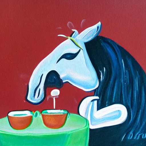 Image similar to a painting of a horse picking its nose, while in a cafe