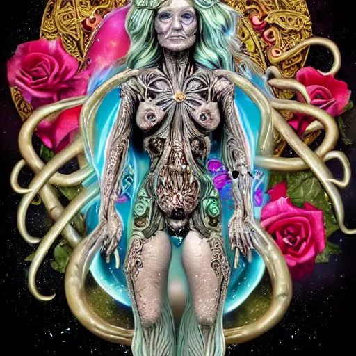 Image similar to blonde girl in a cosmic dress, full-body tattoos, ornate, rococo, grotesque, zbrush art, majestic, organics, silver filigree, colorful, dark fantasy, celtic knot, anatomical, h r giger style, moebius, frank frazetta, ornate, art nouveau, symmetrical, turquoise jewelry, red smoke, roses, unbiased render, rotten, Emil melmoth, eerie, macabre, haunting + insanely detailed and intricate, floral, faded pink, hypermaximalist, elegant, vintage, hyper realistic, super detailed, pastel colors,