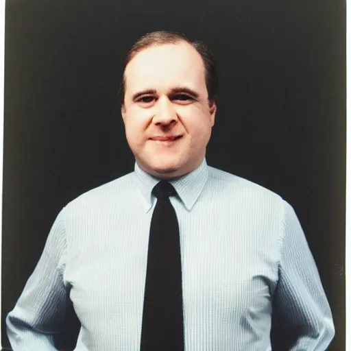 Prompt: clean - shaven portly white man with neatly styled black hair in his 4 0 s is wearing a dress shirt sweater - vest trouser dress shoes. his is standing in front of a mirror, taking a photo of himself. faded polaroid from 1 9 8 5