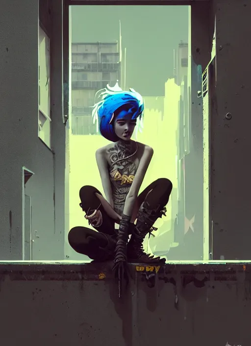 Image similar to highly detailed matte painting, of punk girl sitting on maximalist 3 d calligraphy graffiti tag light eroding grey walls, by atey ghailan, by greg rutkowski, by greg tocchini, by james gilleard, by joe fenton, by kaethe butcher, yellow, brown, black and cyan mystical color scheme, grunge aesthetic, octane render