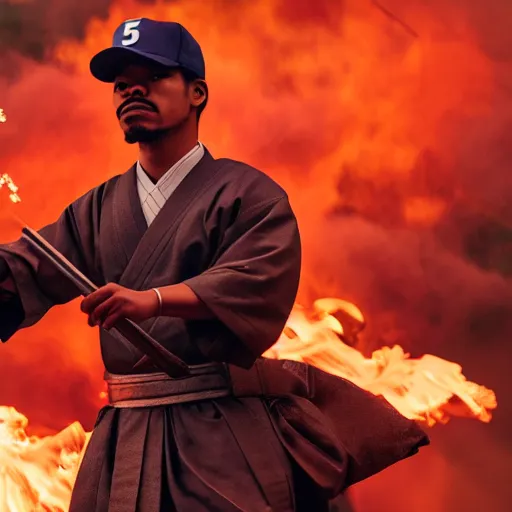 Image similar to cinematic film still of Chance The Rapper starring as a Samurai holding fire, Japanese CGI, VFX, 2022, 40mm lens, shallow depth of field, film photography