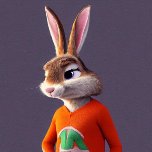 Image similar to portrait of a super cute bunny, a carrot, pixar, zootopia, cgi, blade runner. trending on artstation