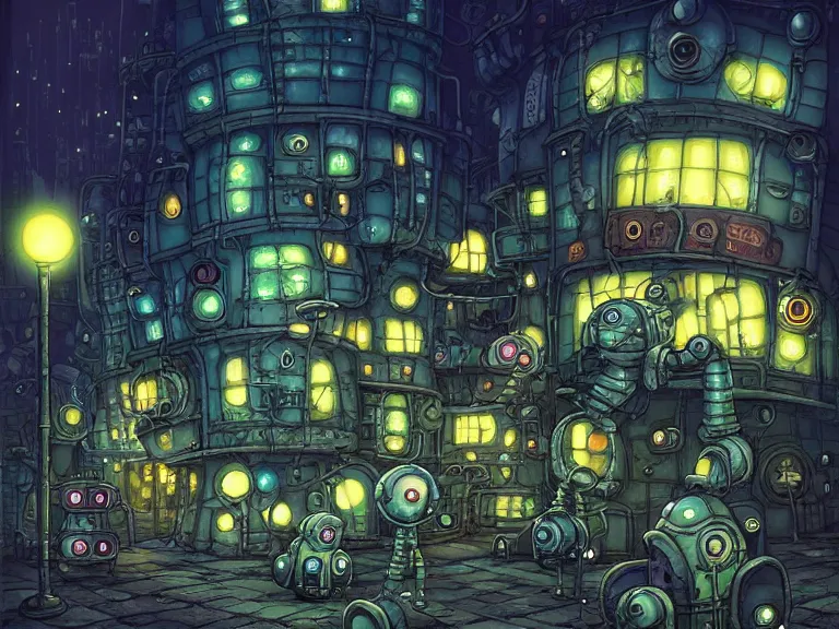 Prompt: fantasycore street view of futuristic machinarium tokyo at night by michael whelan and dan witz and dan mumford. cute ver.ka mecha machinarium robots. cel-shaded. glossy painting.