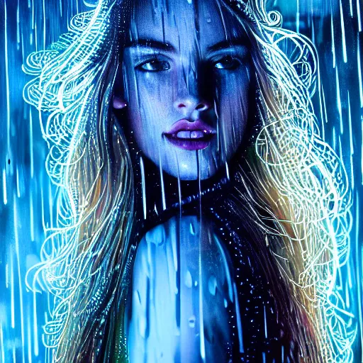 Image similar to bright asthetic portrait LSD glowing backlit rain on face and wet hair in strands, overhead lighting, fantasy, intricate, elegant, dramatic lighting, highly detailed, lifelike, photorealistic, digital painting, artstation, illustration, concept art, smooth, sharp focus, art by John Collier and Albert Aublet and Krenz Cushart and Artem Demura and Alphonse Mucha