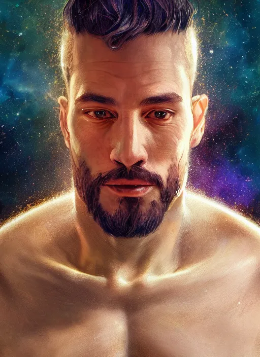 Image similar to masterpiece portrait of a cosmic man, au naturel, hyper detailed, digital art, trending in artstation, cinematic lighting, studio quality, smooth render, unreal engine 5 rendered, octane rendered, art style by klimt and nixeu and ian sprigger and wlop and krenz cushart and riot and overwatch