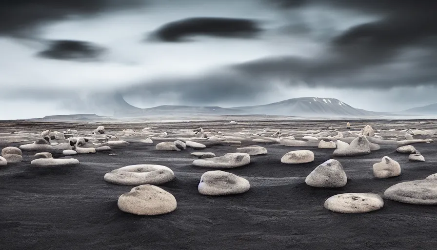 Image similar to a vast icelandic landscape, black sands and cream colored menhirs, cloudy sky, dust particles, cinematic lighting, behance hd, trending on artstation, national geographic photography, digital painting, matte painting