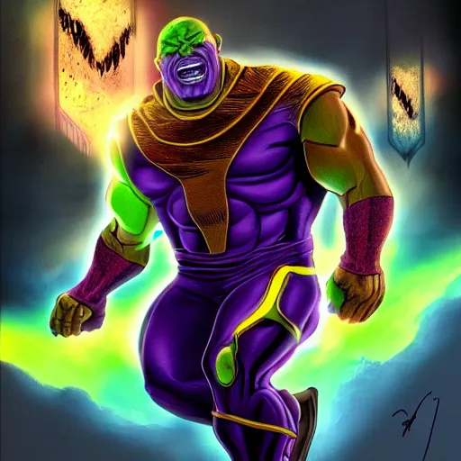 Image similar to pepe as thanos, marvel, futuristic, artstation, dramatic light