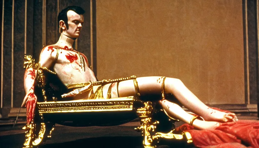 Prompt: 1 9 7 0 s movie still close - up of caligula dead - slaughtered on a gold throne in a neoclassical room, cinestill 8 0 0 t 3 5 mm, high quality, heavy grain, high detail, dramatic light, cinematic composition, flares, anamorphic, blood, bleeding