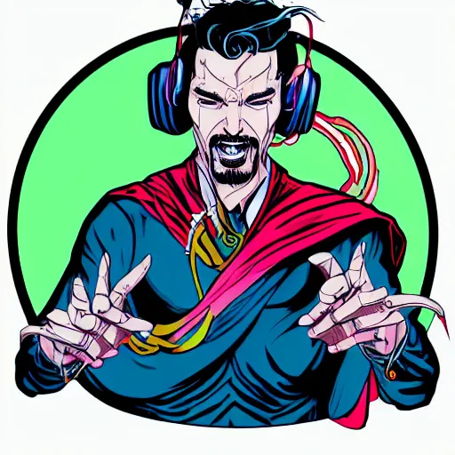 Image similar to artgerm, psychedelic laughing cybertronic dr. strange, rocking out, headphones dj rave, digital artwork, r. crumb, svg vector