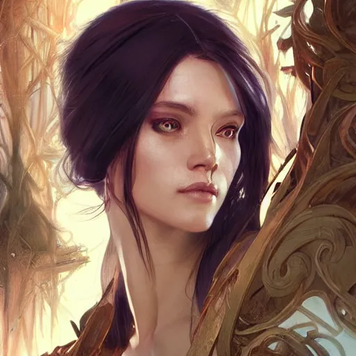 Image similar to Three quarters portrait of a female sorceress, highly detailed, digital painting, art by Stanley Lau and Artgerm and Greg Rutkowski and Alphonse Mucha, artstation, cgsociety, RPG portrait, Dungeons & Dragons