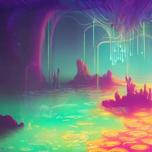 Image similar to an underwater alien ocean, filled with bioluminescence, twirling glowing sea plants, neon colors, and a mystical misty glow, ethereal, detailed, fantasy illustration, dark brooding and eerie