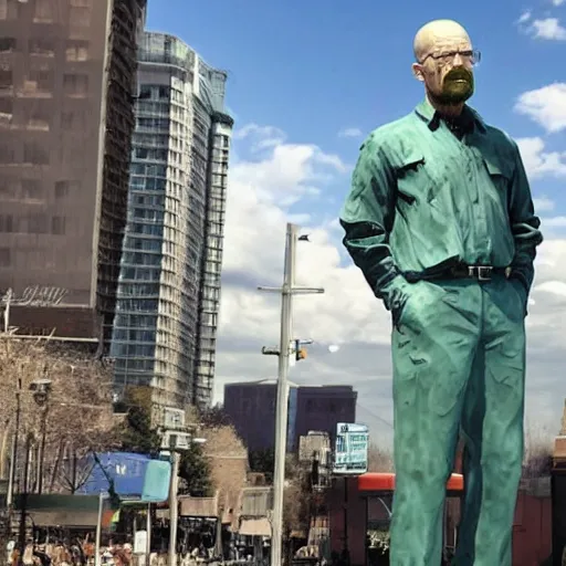 Prompt: a statue of walter white in the middle of the city that is getting praised by some people by greg rutkowski