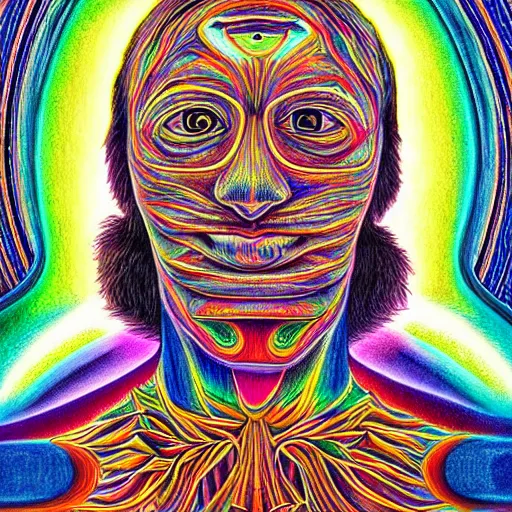 Image similar to a DMT trip about discovering the Theory of Everything, drawn by Alex Grey, highly detailed and colored, trending on artstation