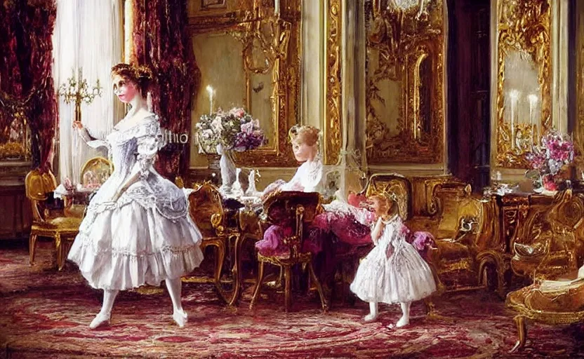 Image similar to Young victorian princess drinking tea on the royal palace dining room. By Konstantin Razumov, highly detailded