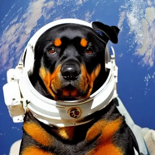 Image similar to a rottweiler dog wearing an astronaut helmet in space