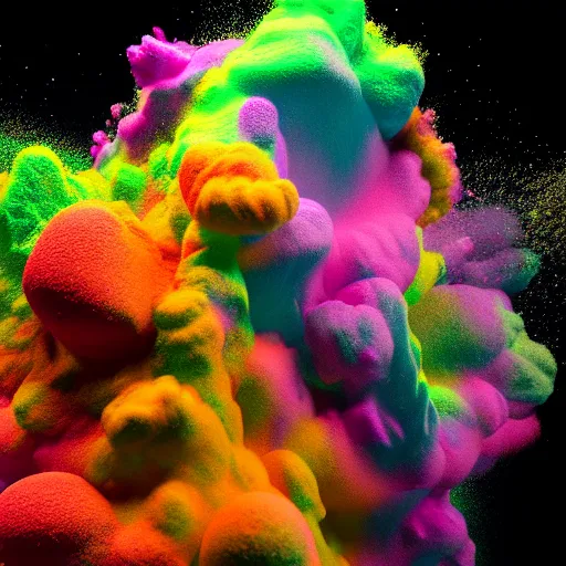 Prompt: color powder explosion on black background, particles, fine detail, hyperrealism, james jean, golden ratio, sharp focus, octane render, sidefx houdini, artstation, vfx