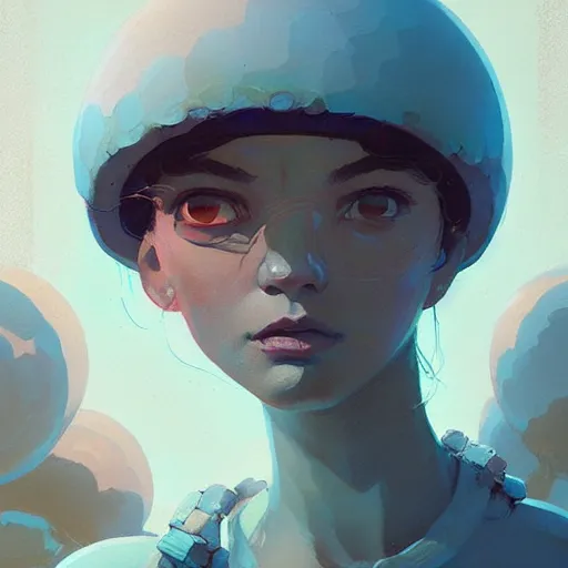 Image similar to portrait of the mushroom goddess by atey ghailan, by greg rutkowski, by simon stalenhag, by greg tocchini, by james gilleard, by joe fenton, by kaethe butcher dynamic lighting, gradient light blue, brown, blonde cream and white color scheme, grunge aesthetic