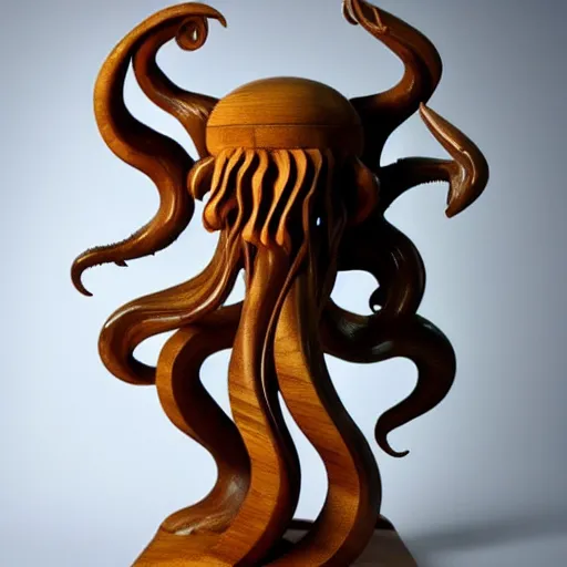 Image similar to wooden sculpture of cthulhu attacking a spaceship, polished maple, thoughtful, elegant, real