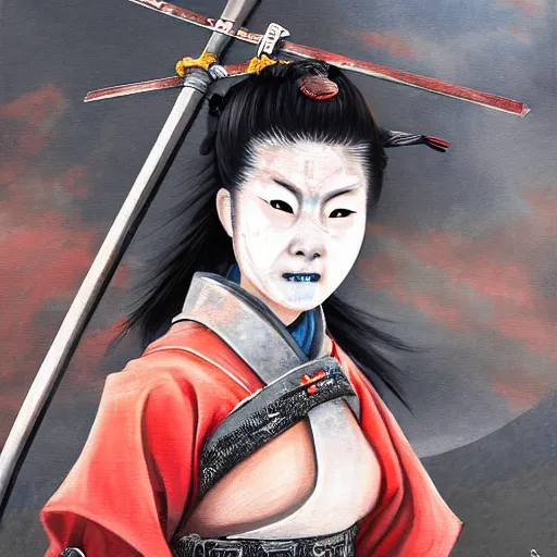 Image similar to a samurai woman on top of a building in japan in broad daylight and her sword smeared with blood, her face fixed and frightening, ultra detailed painting, dynamic light, expressions, cinematic