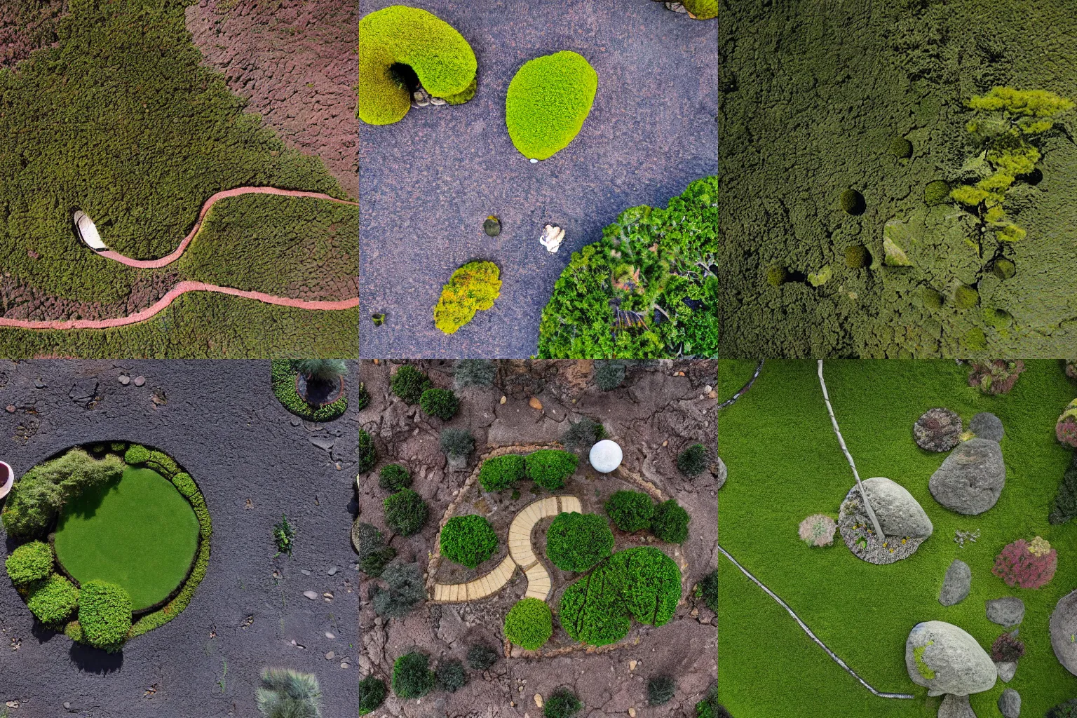Prompt: japanese tea garden in middle of lunar landscape, aerial photograph