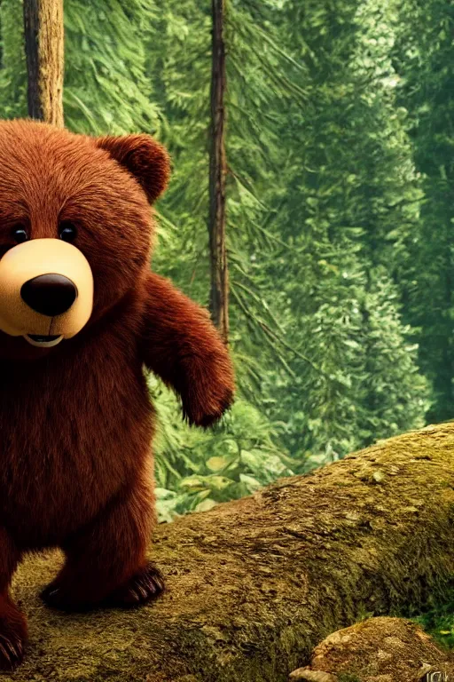 Image similar to cinematic shot of a cute anthropomorphic bear standing in the forest with his hands on his waist by greg rutowski and his face by pixar with a warm smile and big green eyes,, 8 k, masterpiece