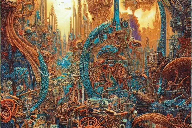 Image similar to warm colors, future cityscape by Joe Fenton and Ernst Haeckel