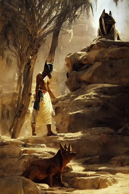 Image similar to beautiful landscape oil painting, of ancient egypt giant satue of anubis, art by anders zorn, wonderful masterpiece by greg rutkowski, beautiful cinematic light, thomas lawrence, greg rutkowski