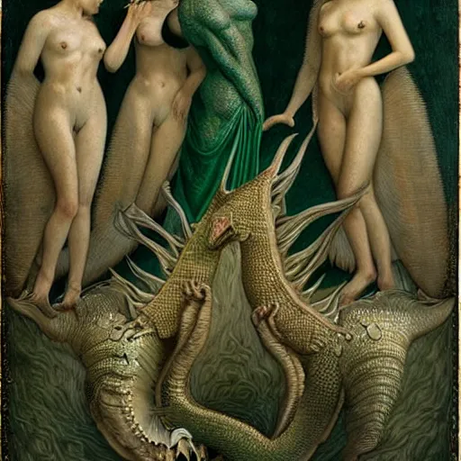 Image similar to elaborate coral, pale green by dino valls, by ferdinand keller. a beautiful painting of a large, dragon - like creature with sharp teeth, talons, & a long tail. the creature is looming over a small group of people who appear to be in distress.