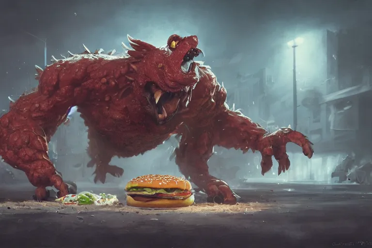 Image similar to fast food monster by jean - baptiste monge, high quality, high resolution, 4 k, painted by cgsociety, rutkowski, gurney with ambient lighting, concept art, detailed, smooth, dynamic volumetric cinematic lighting, octane, raytrace