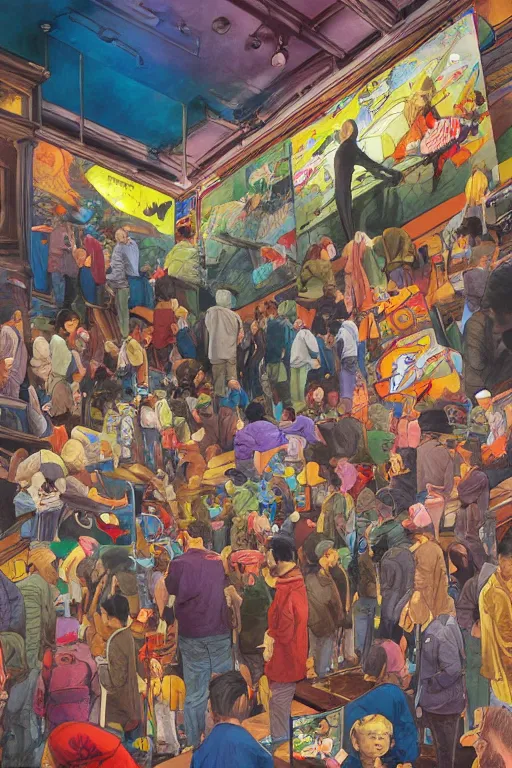 Prompt: Full length view of people viewing a stack of televisions broadcasting graffiti art in a museum gallery, professional illustration by artgerm, painterly, yoshitaka Amano, hiroshi yoshida, moebius, loish, painterly, and james jean, illustration, backlit, masterpiece
