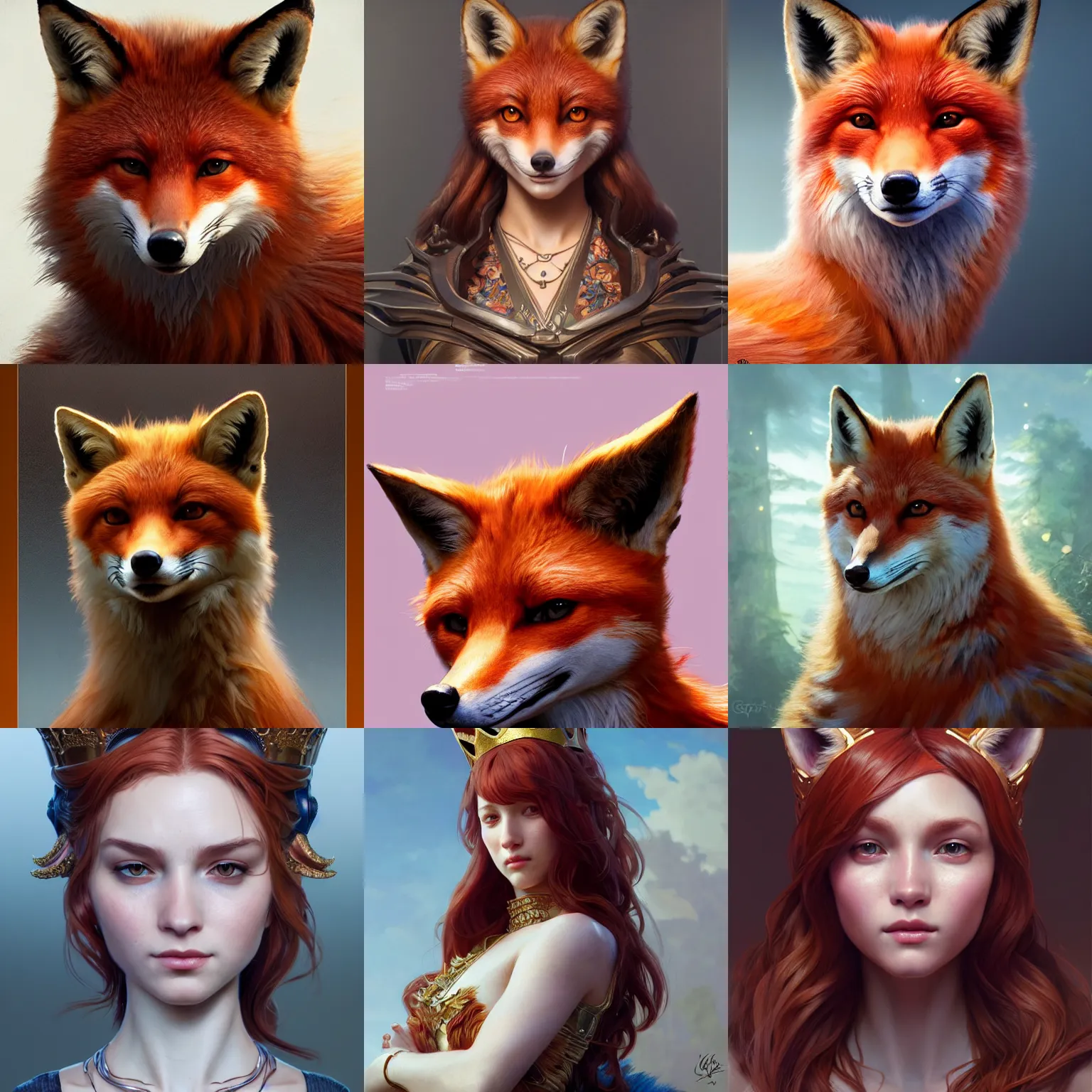 Prompt: 👑 🦊, highly detailed, professional digital painting, unreal engine 5, photorealism, hd quality, 8 k resolution, cinema 4 d, 3 d, cinematic, art by artgerm and greg rutkowski and alphonse mucha and loish and wlop