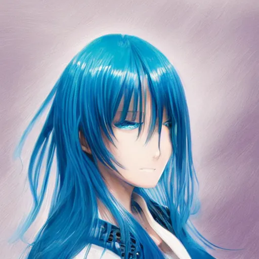 Image similar to side profile of rimuru tempest with sky blue hair, long hair, sharp face, gold eyes, high collar, black jacket | shiny, highly detailed, rain, professional digital painting, concept art, award - winning photography, cinematic, wlop | art by pixiv art, yoshitaka amano, junji ito