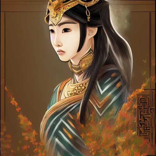 Prompt: ancient asian dynasty princess, three kingdom, dynasty warriors, cute face, standing in an oasis in the desert, comics, beautiful, elegant, digital painting, smooth, concept art