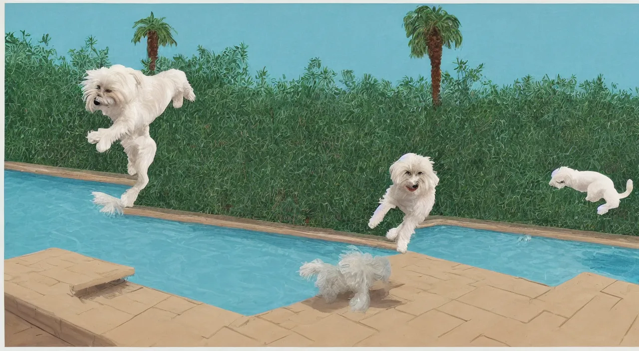 Image similar to medium shot of one cream colored havanese dog jumping off a diving board into a pool at a mid century modern house in palm springs by david hockney