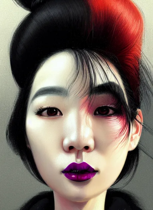 Image similar to portrait of a korean woman with a crooked nose and a confident expression, 1 9 6 0 s, black clothes, goth, punk, brightly coloured hair, funk, intricate, elegant, highly detailed, digital painting, artstation, concept art, smooth, sharp focus, illustration, art by wlop, mars ravelo and greg rutkowski